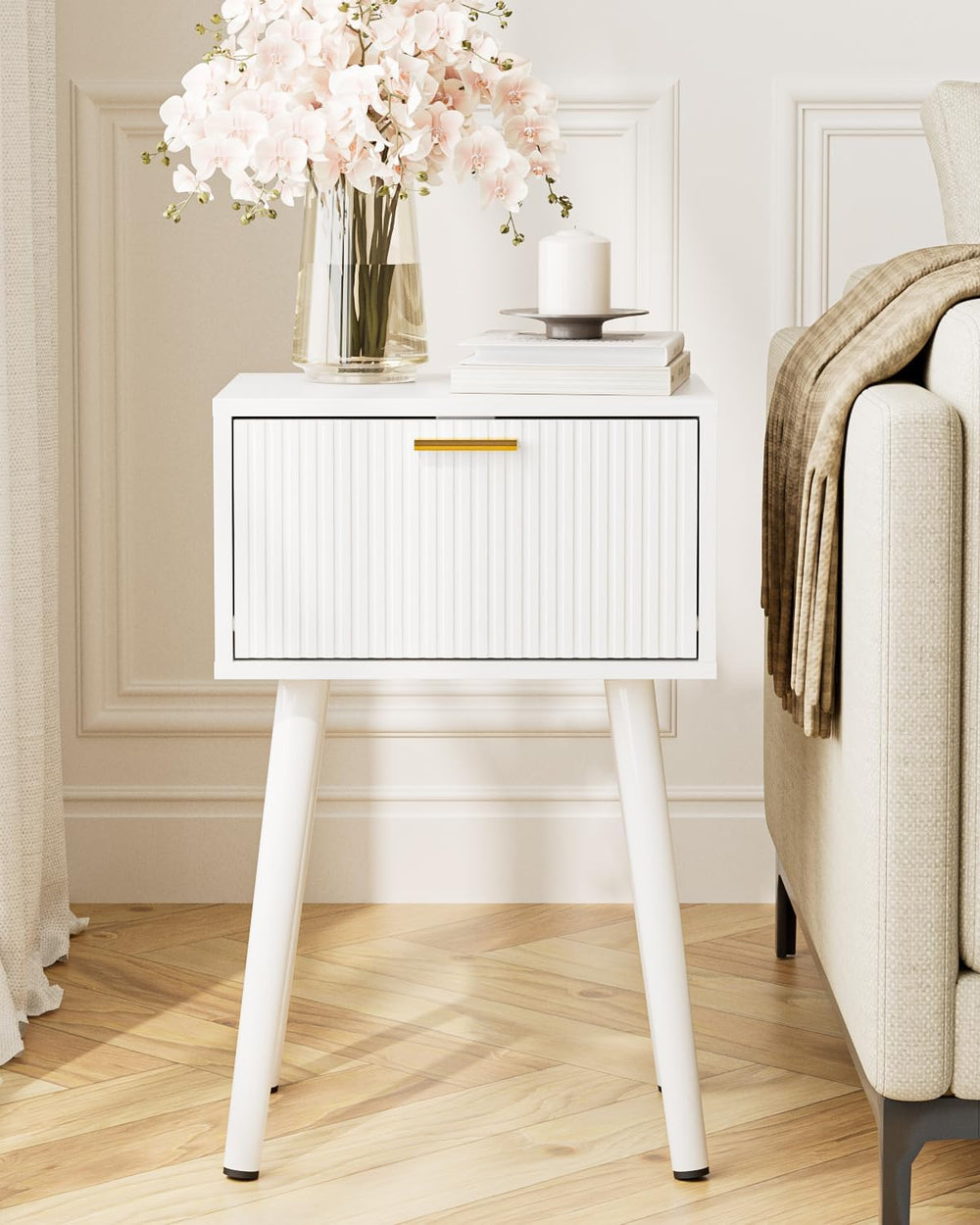 Night Stand Set 2, Modern Nightstand with Fluted Doors, White