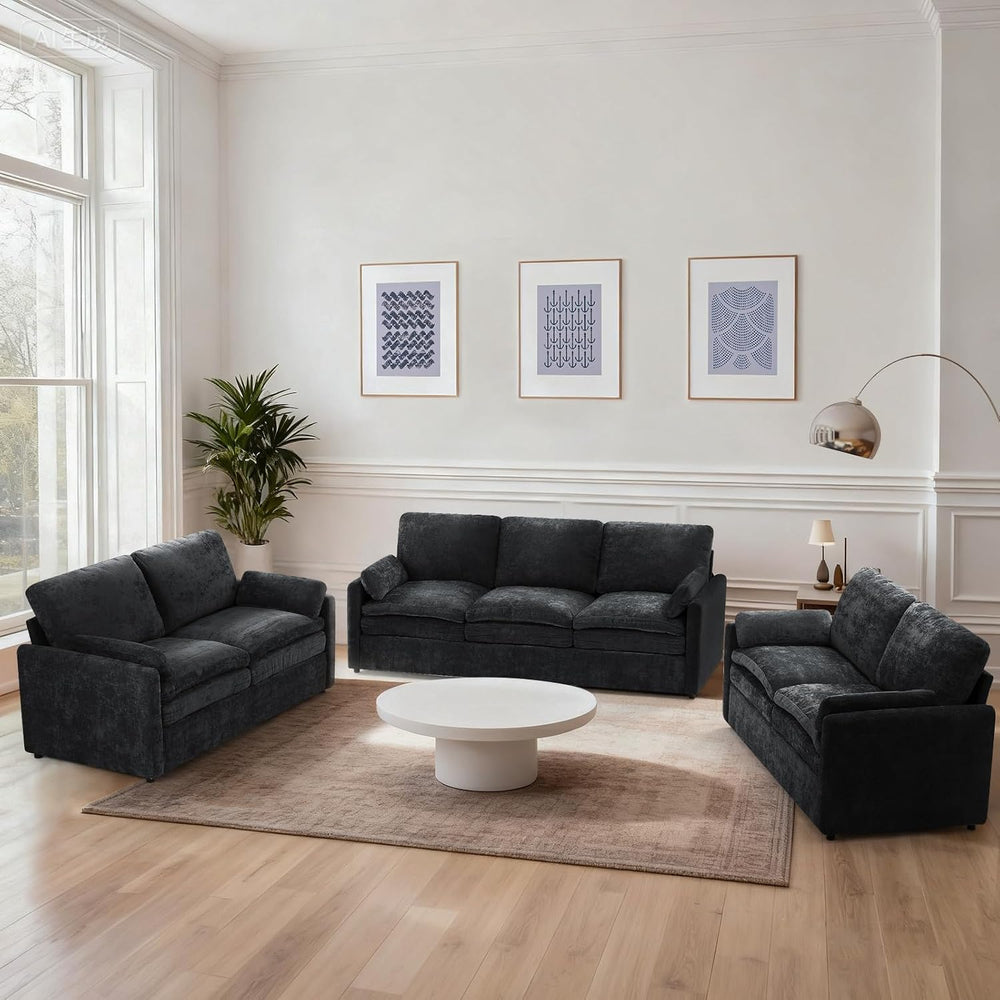 3 Pieces Chenille Sofa Set w/Two Arm Pillows, Black