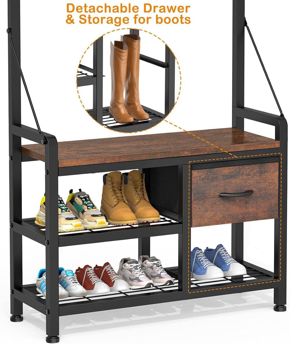 Lulive Hall Tree with Bench and Shoe Storage, 31.5” Coat Rack Freestanding