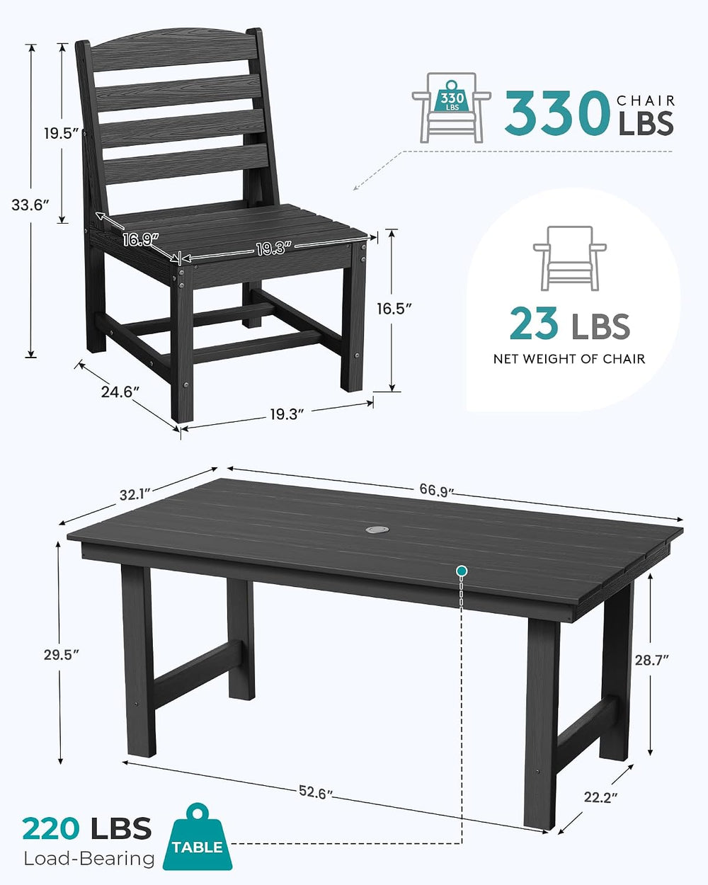 SERWALL Armless Outdoor Dining Set, Patio Dining Set for 6, Black
