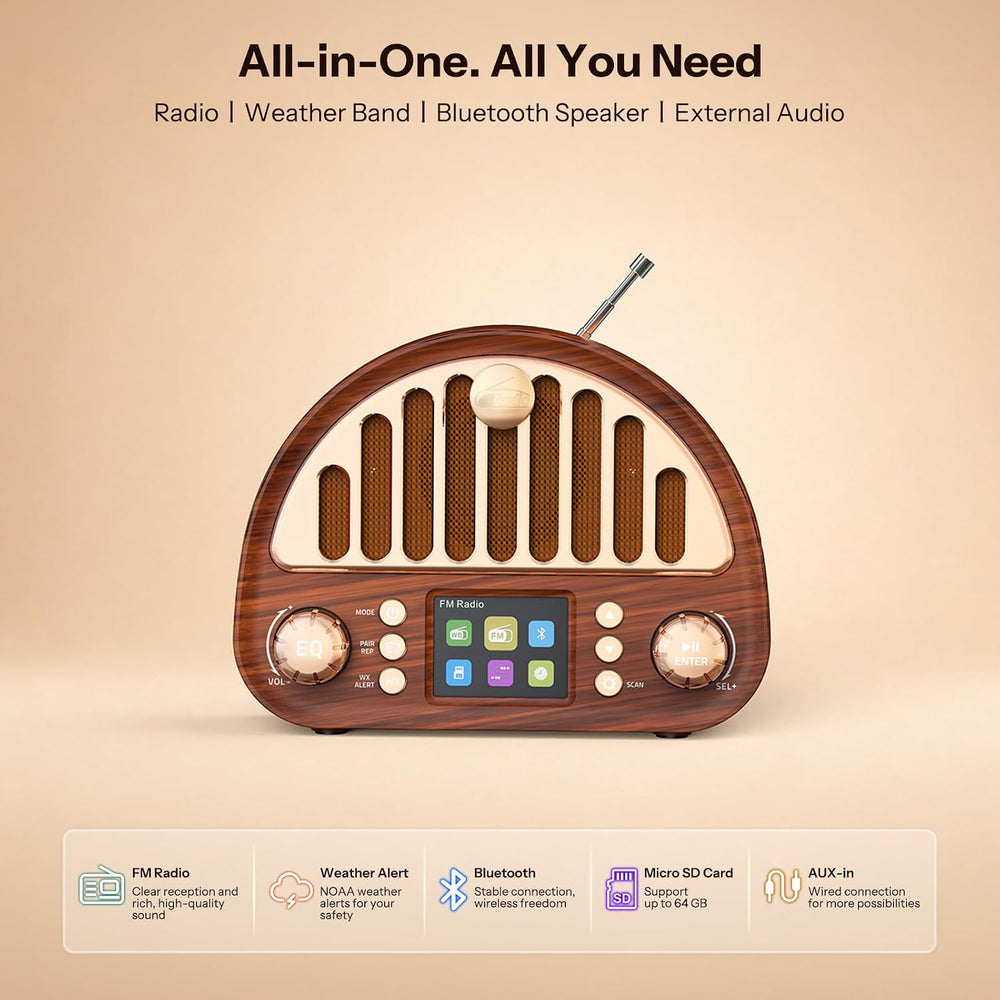 Retro FM Radio with Bluetooth Speaker & NOAA Weather Alert