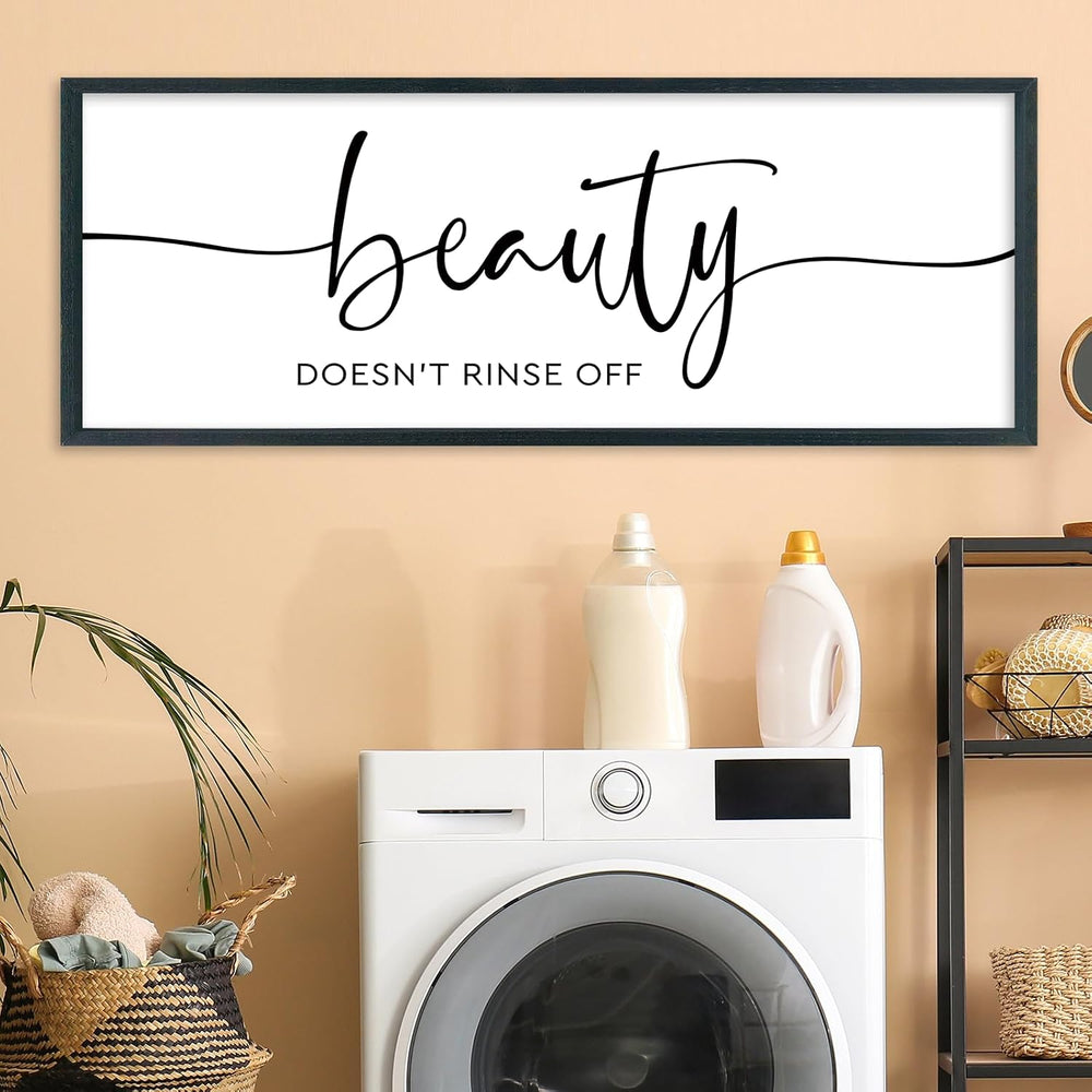 Framed Bathroom Sign Beauty Doesn't Rinse Off Wall Decor 32 x 12 Inch Black