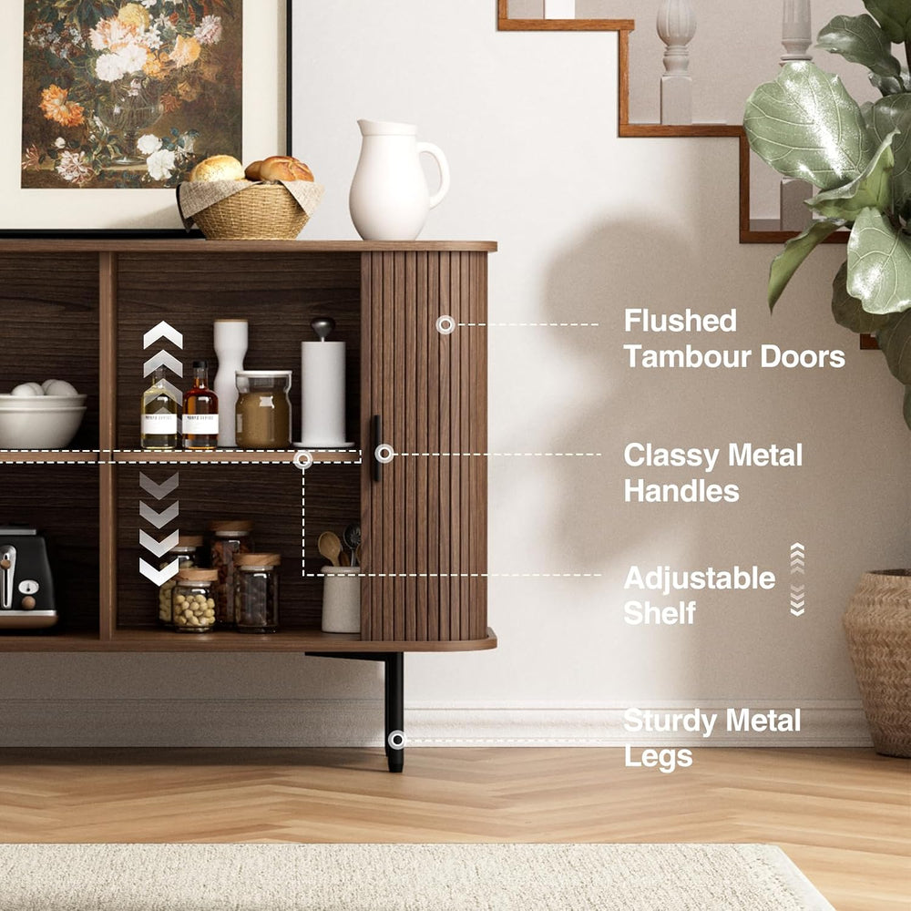Fluted Sideboard Buffet Cabinet, Sliding Door/Adjustable Shelf, Walnut