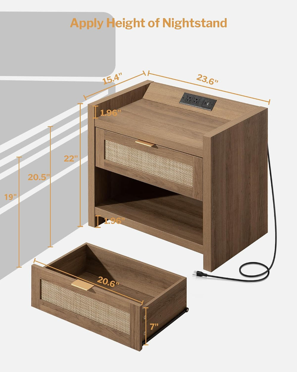 SICOTAS Rattan Night Stand Set of 2, Bedside Table with Large Drawer