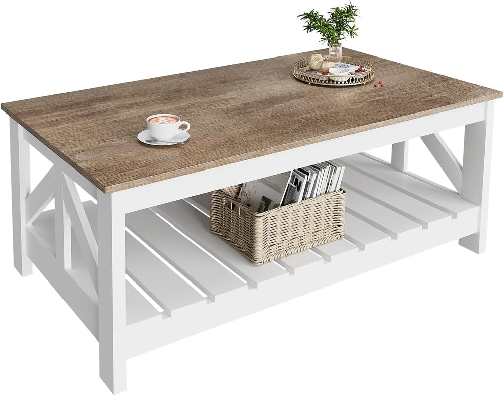 YESHOMY Farmhouse Coffee Table with Storage, Gray & White