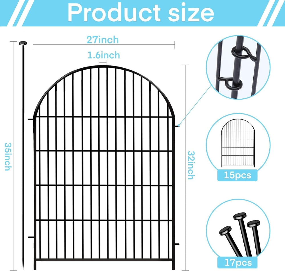 32in Tall Garden Fence, 16 Panels Dog Fence Outdoor for Yard | 35Ft Black Rus...