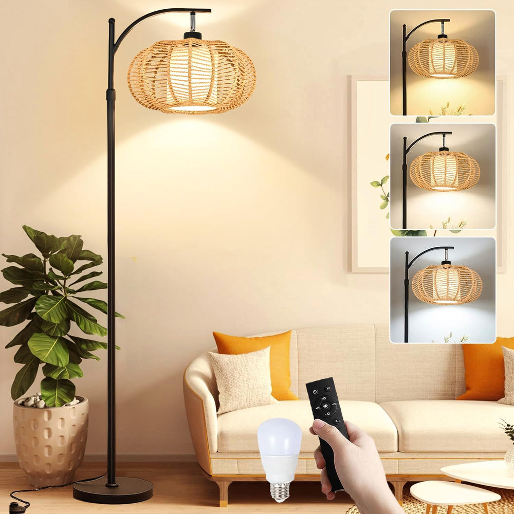 ZECOXOL Arc Floor Lamps for Living Room Bedroom Rattan Boho Floor Lamp with R...