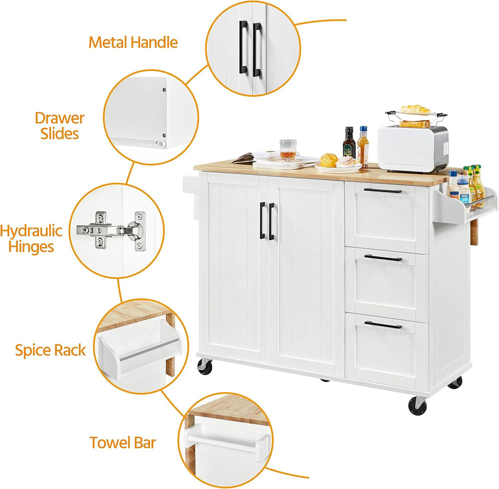 Yaheetech 53" Width Rolling Kitchen Island with Storage, Dropleaf, White