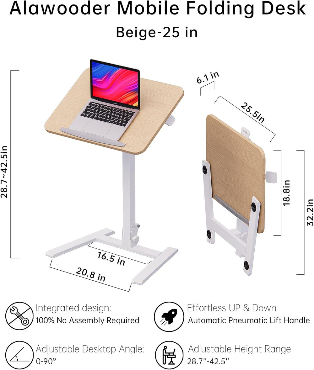 alawooder 25" Mobile Folding Desk: Pneumatic Sit-Stand, No Assembly