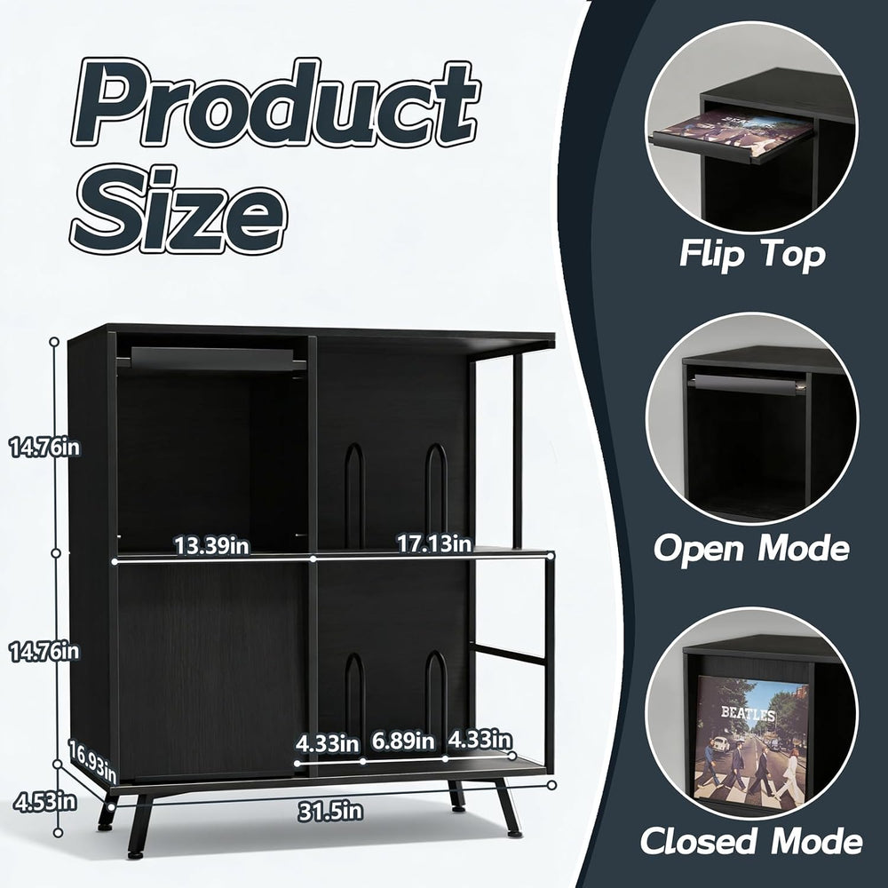 Faesun 3 Tier Record Player Stand with Flip-Down Record Shelf, Black