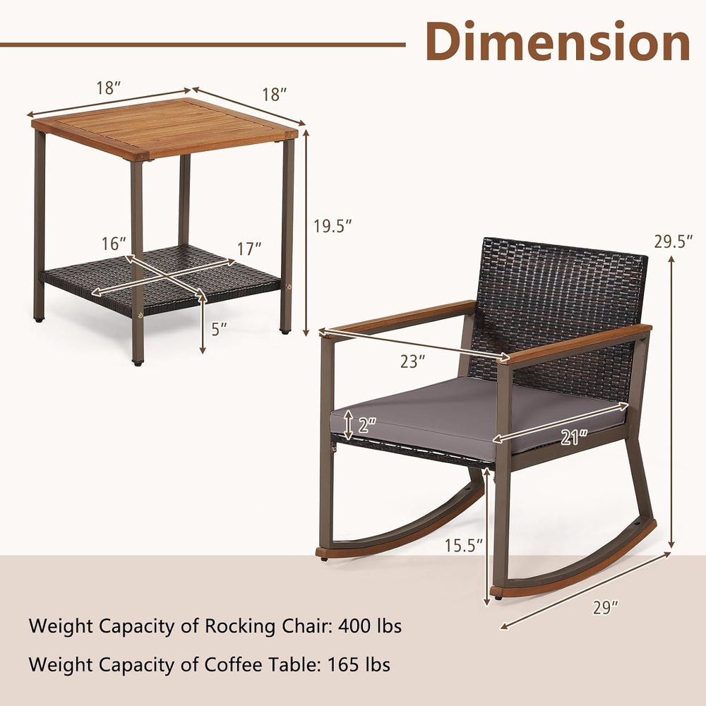 COSTWAY 3 Pieces Patio Rocking Bistro Set, Outdoor Wicker Acacia Wood Sets