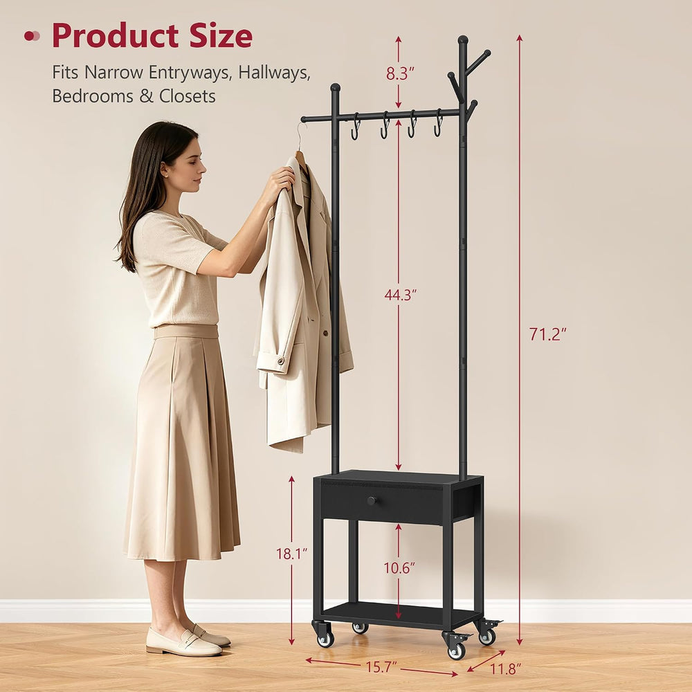 Tajsoon Coat Rack Stand with Lockable Wheel, Wooden Coat Stand with Drawer