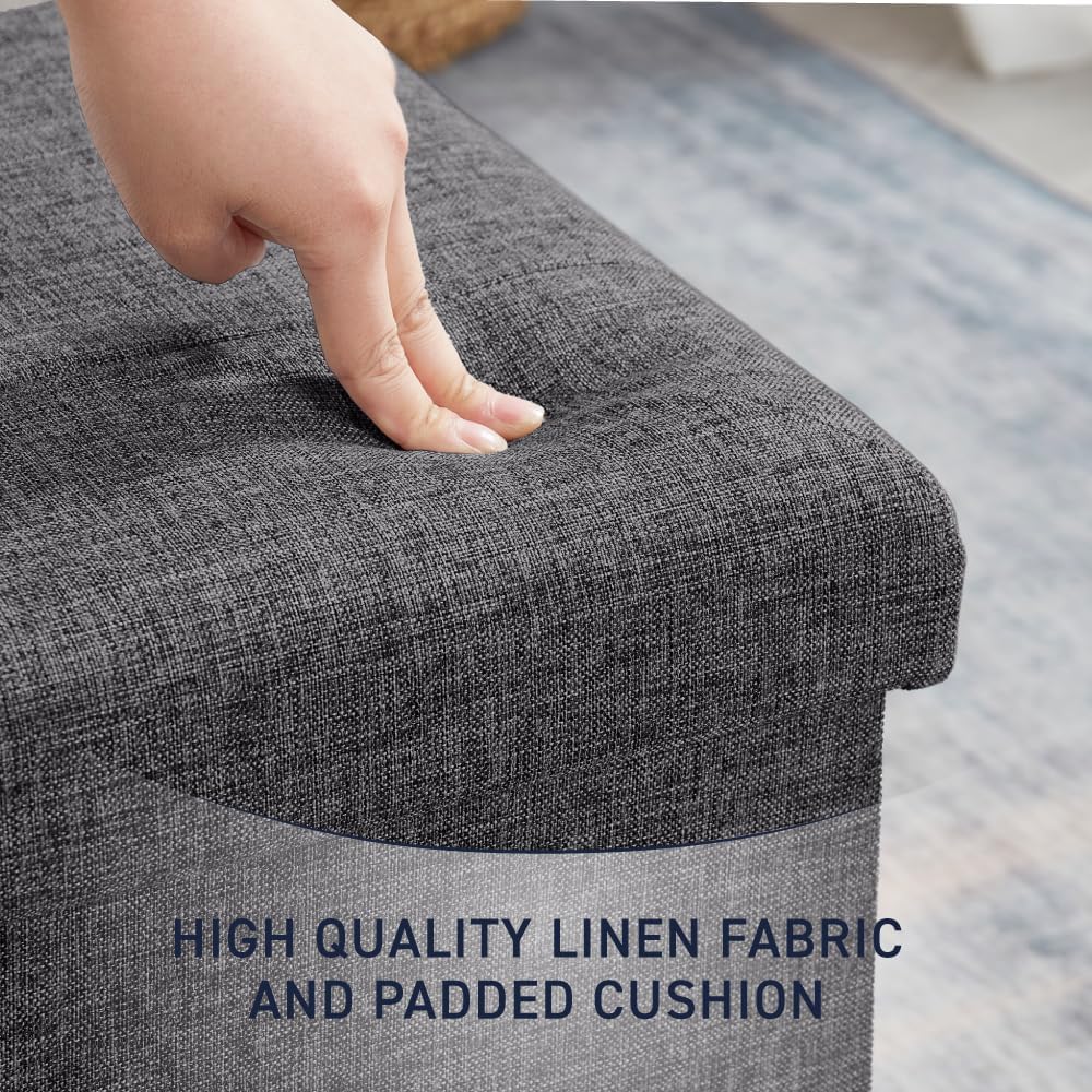Ornavo Home 15 Inch Folding Storage Ottoman Cube, Tufted Linen, Dark Gray