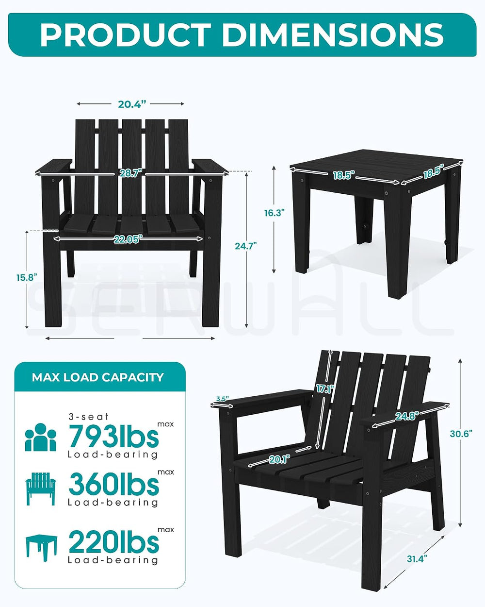 SERWALL Low Back Bistro Set-utdoor Adirondack Chairs and Side Table-Black