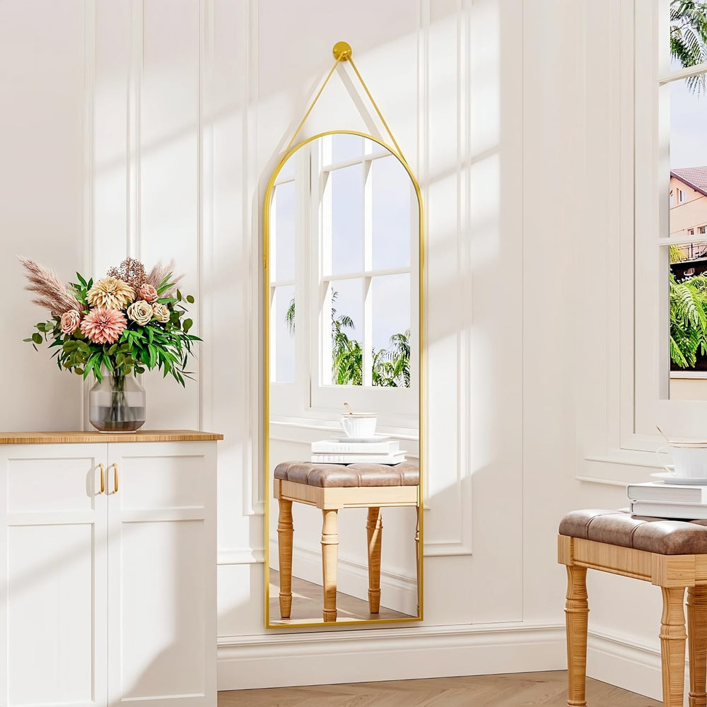 Dewfig 48"x16" Arched Full Length Mirror, Wall Mirror, Leather Stra...
