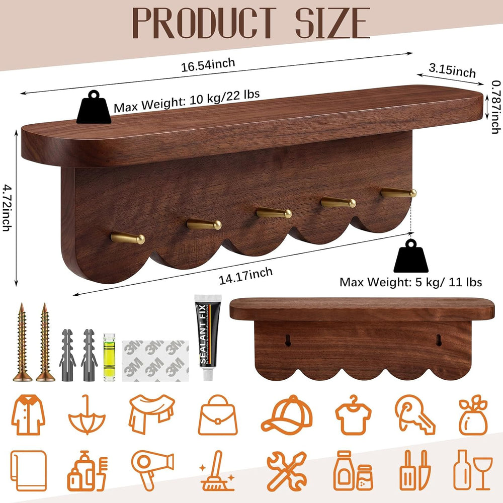Lewtemi Wall Mount Coat Rack with Shelf 16.5" Scalloped Walnut with 5 Hooks