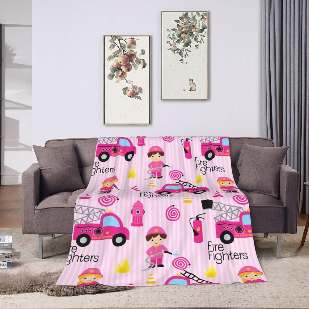 Girly Firefighters Cute Pink Fire Truck Throw Blanket Super Soft Warm Bed Bla...