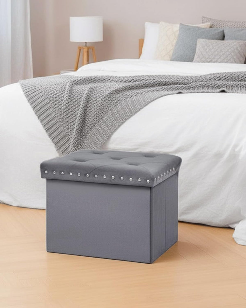 B FSOBEIIALEO Storage Ottoman Cube, 16.5" Velvet Folding Ottoman, Grey