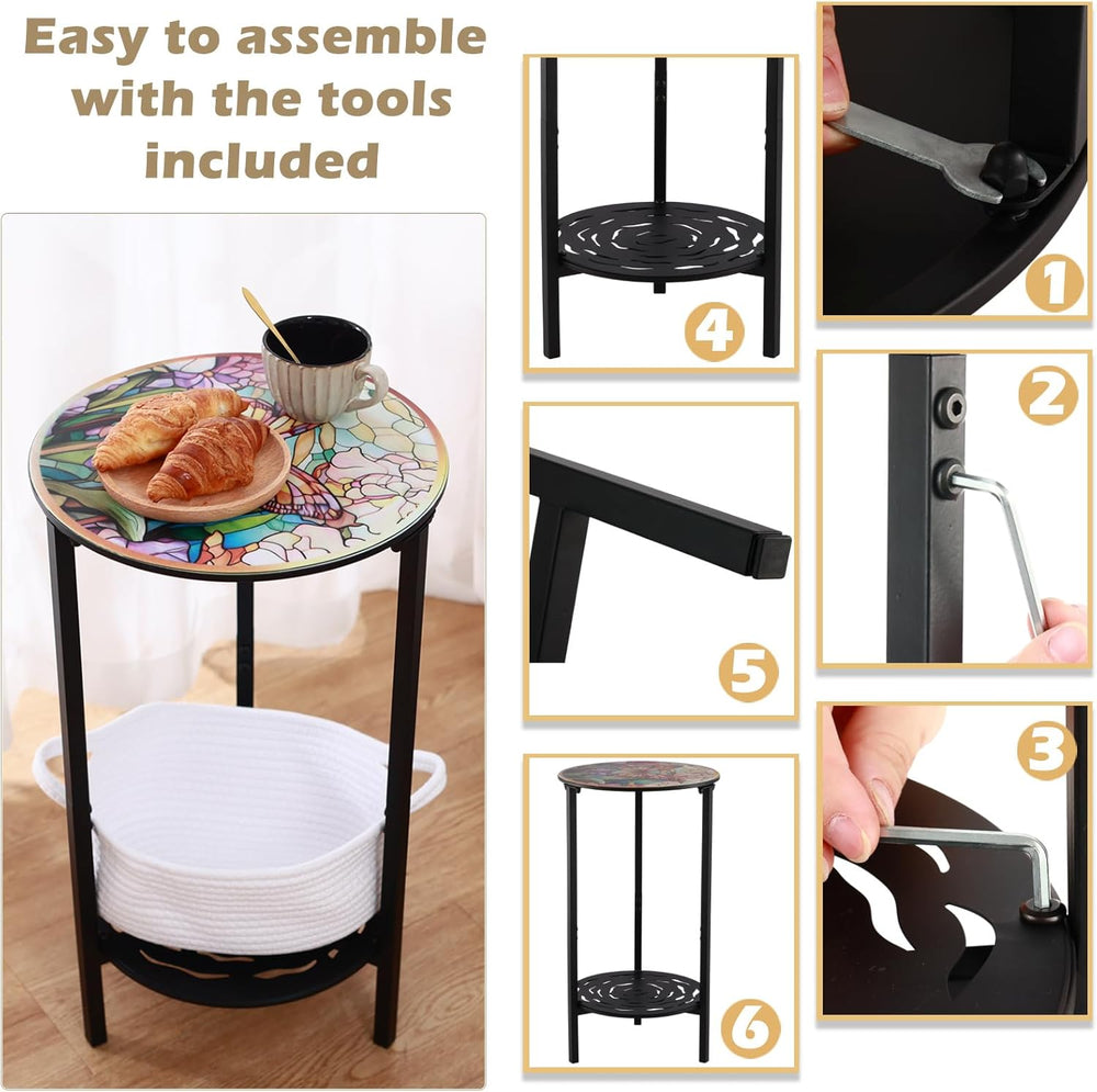 2 Packs Two-Tier Metal Round Side Table Set of Two Black Accent Coffee Tables...