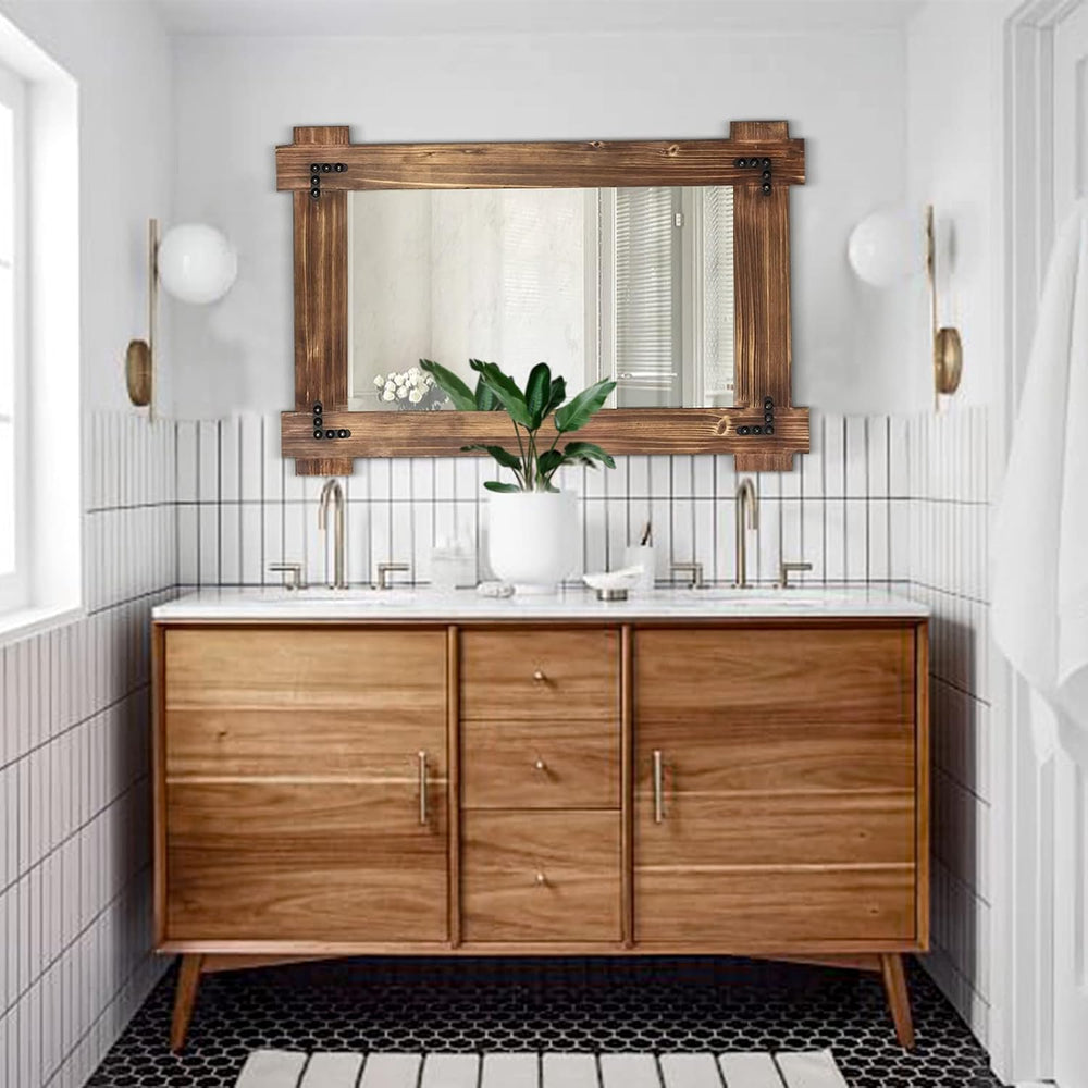 MeMoreCool Rustic Wood Wall Mirror 40x28 Inch, Farmhouse Bathroom Mirror