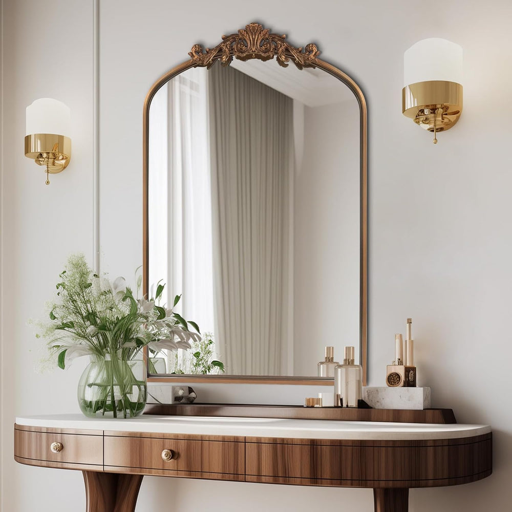 HQiJun Antique Gold Arched Baroque Mirror 24x36 - Brass Finish Metal Frame, I...