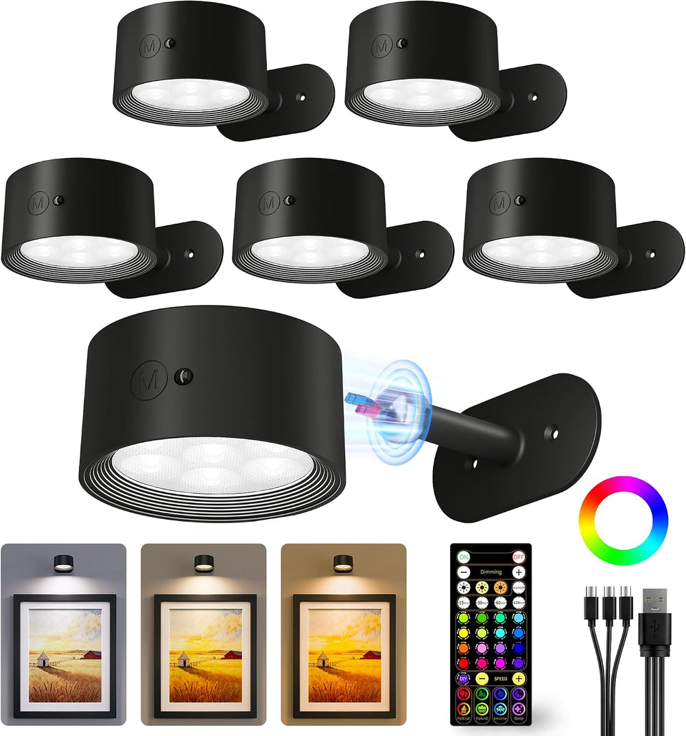 Picture Lights for Wall, 6 Pack Rechargeable Magnetic with Remote (Black)