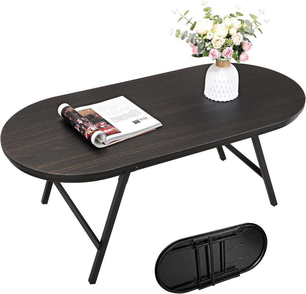 Small Oval Coffee Table Wood and Metal Folding Low Coffee Tables with Safety ...