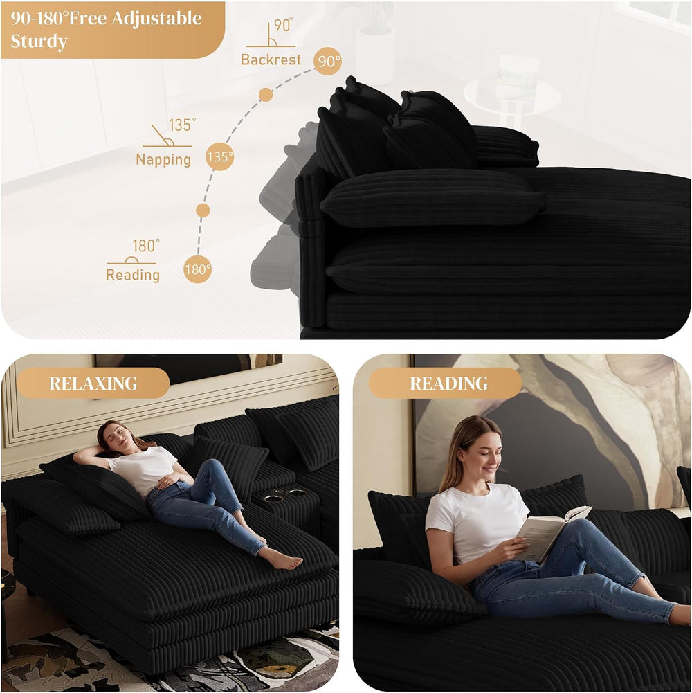 114" Oversized Double Chaise Lounge, Corduroy Sofa Bed with Storage, Black