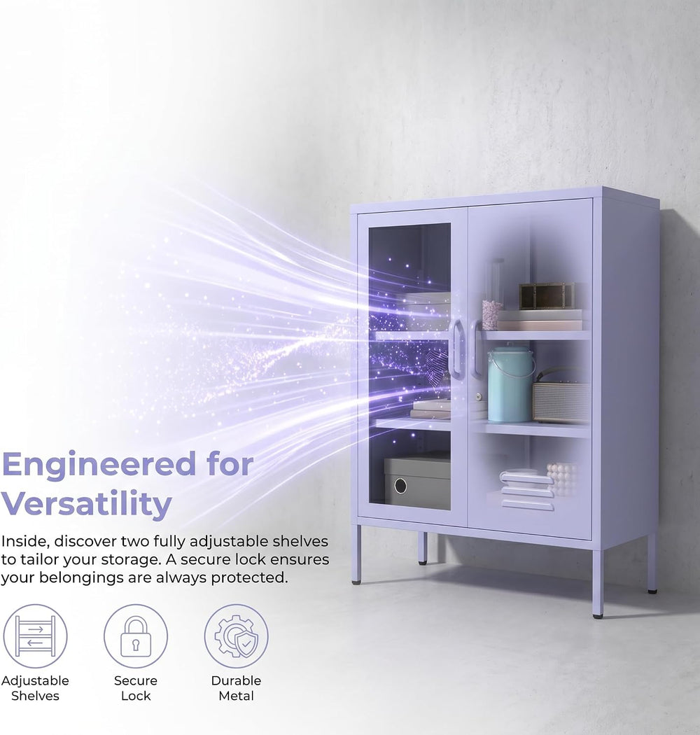 Purple Lockable Glass & Metal Door Storage Cabinet, 3-Tier Freestanding L...