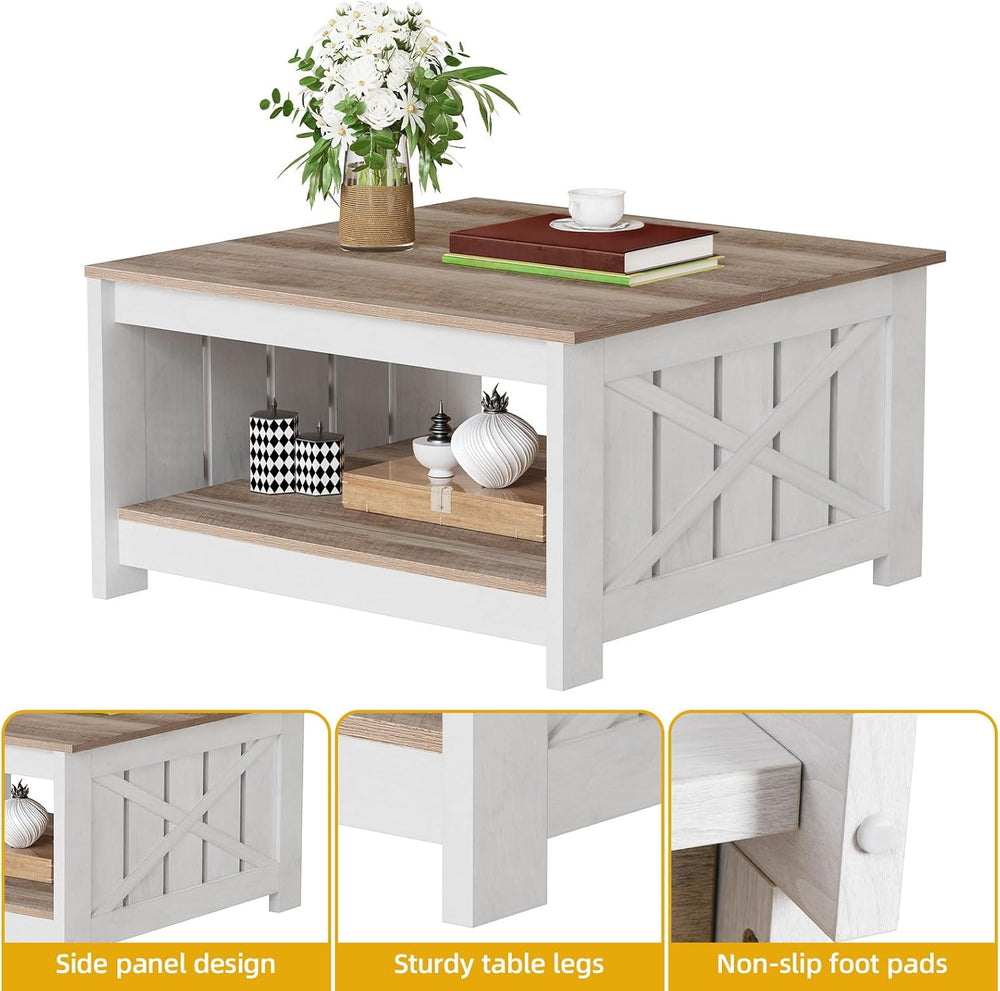 DWVO Square Farmhouse Coffee Table with 2-Tier Storage, Grey Wash