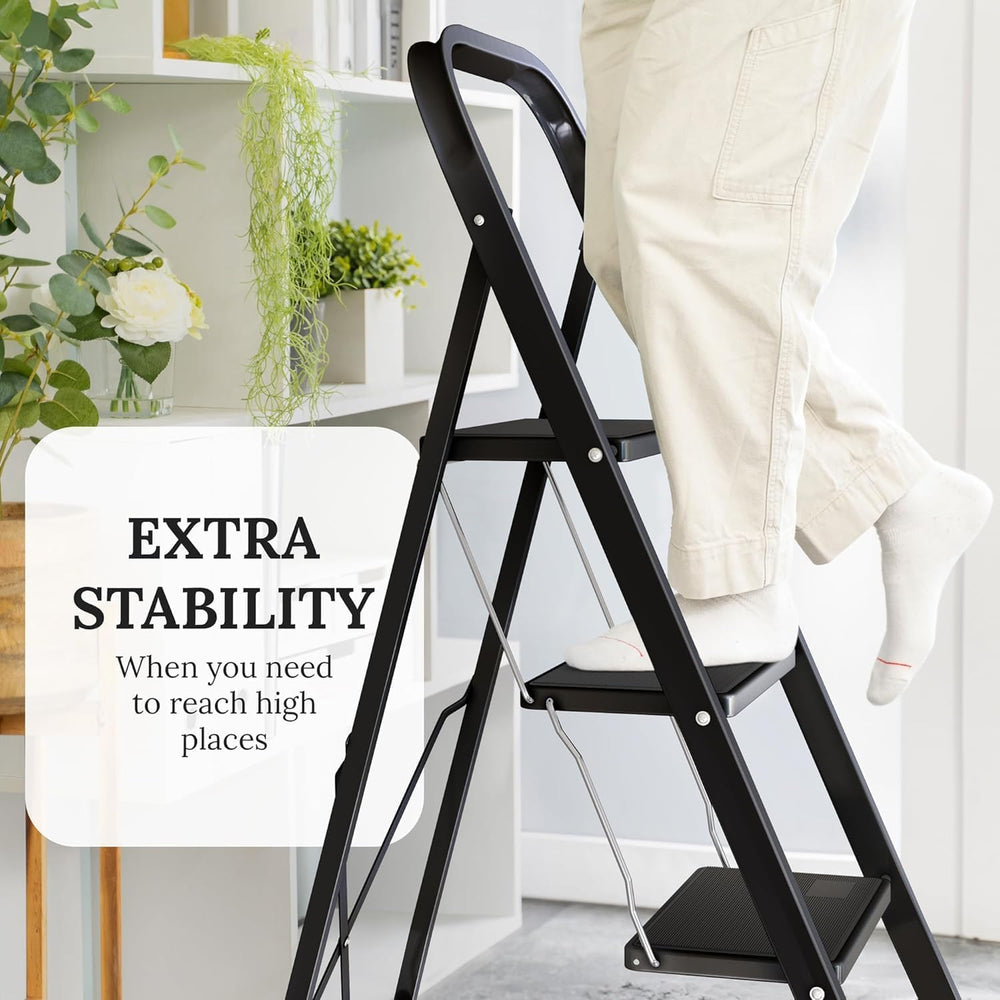 3-Step Ladder with Wide Anti-Slip Platform & Thick Rubber Feet | Heavy Du...