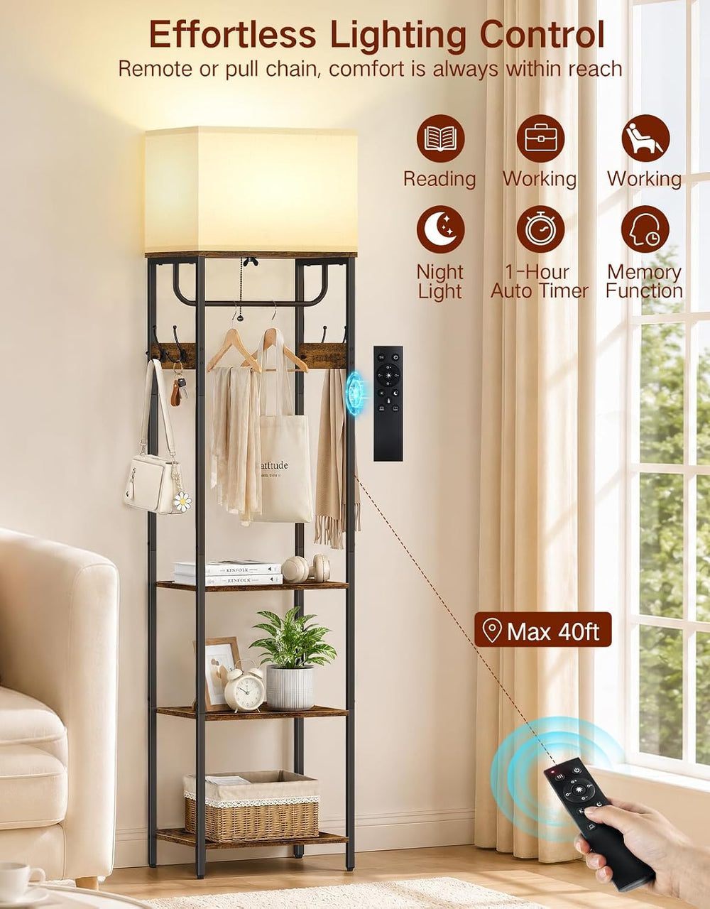 Compact Coat Rack with Lamp & Remote, 3 Color Temperatures