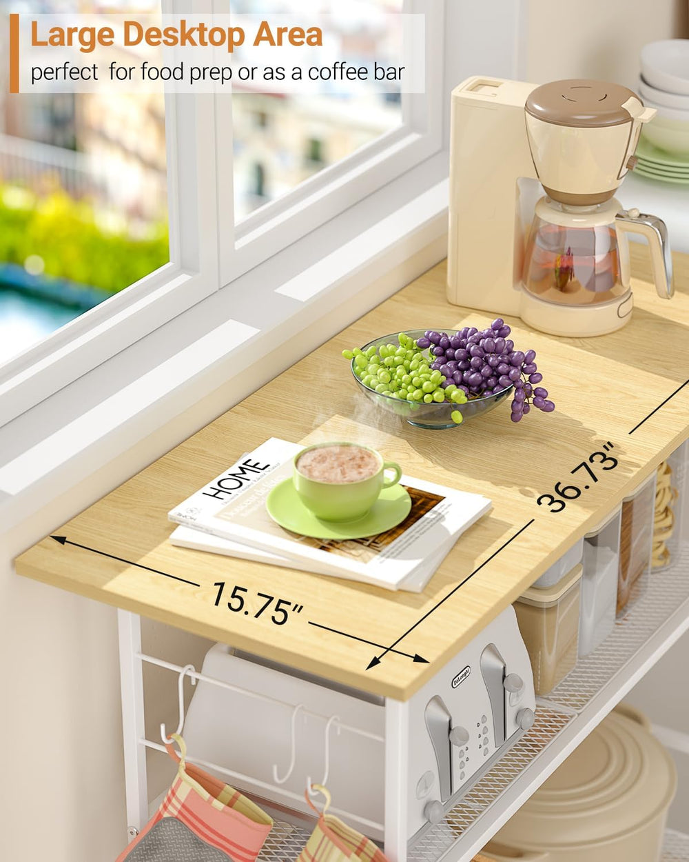 Kitchen Island with 3 Shelves, Rolling Kitchen Cart with 6 Hooks and Protecti...