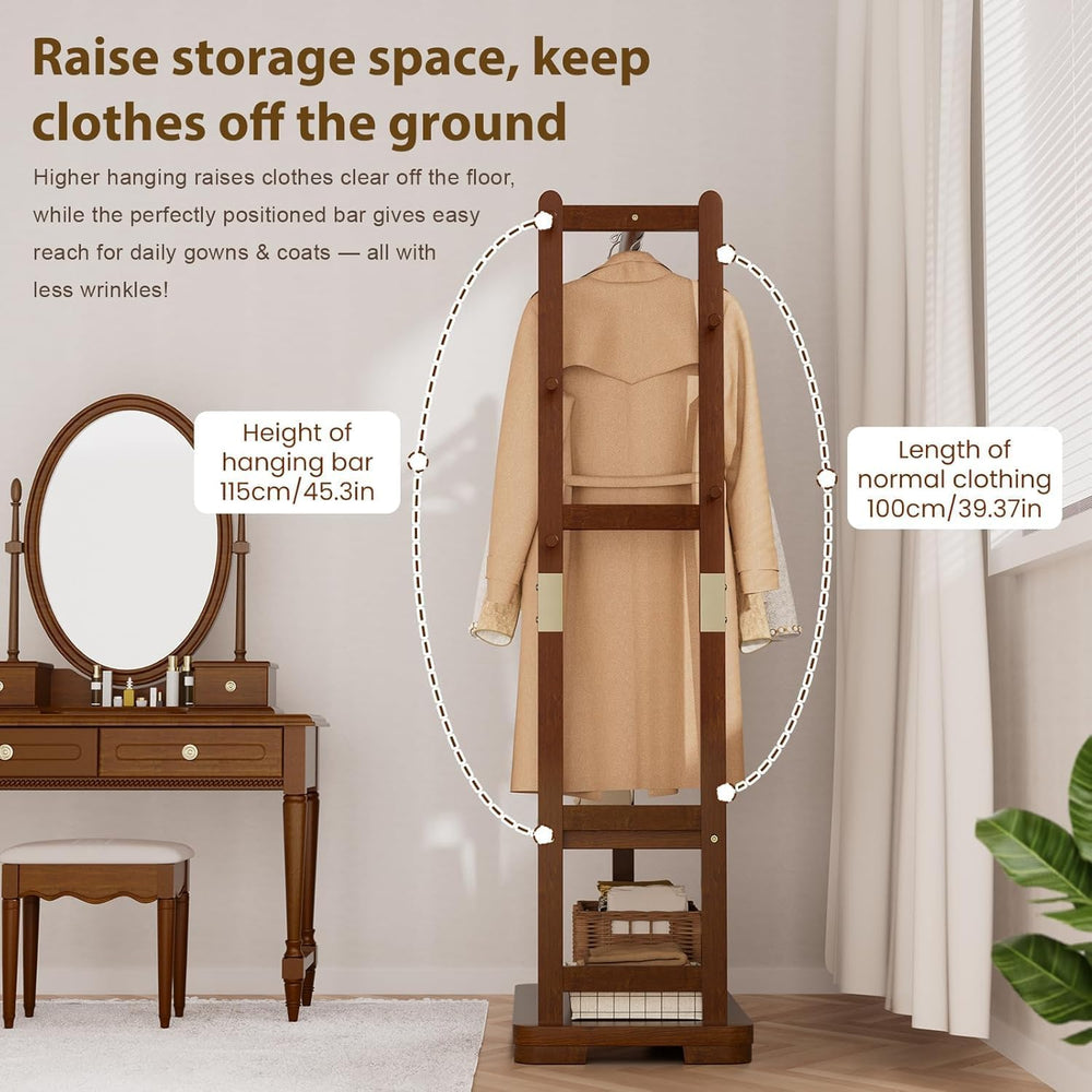 Taitiy Coat Rack Solid Wood Clothes Rack Storage, 2 Shelves 5 Hooks