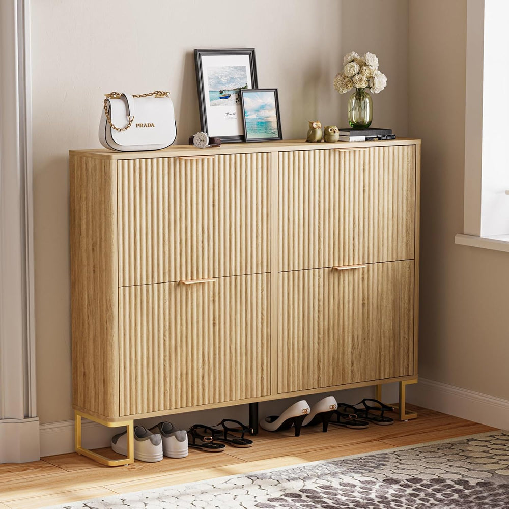 Fluted Shoe Cabinet Storage with 4 Flip Drawers, Adjustable 2-Tier Shelf