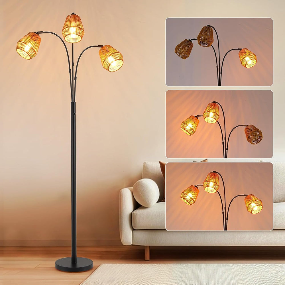 9MMML Vintage Black Arc Floor Lamp with Rotatable Arms & Rattan Lampshade...