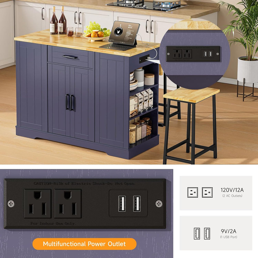 ONBRILL 47" Kitchen Island with Trash Can Storage, Include 2 Chairs, Blue