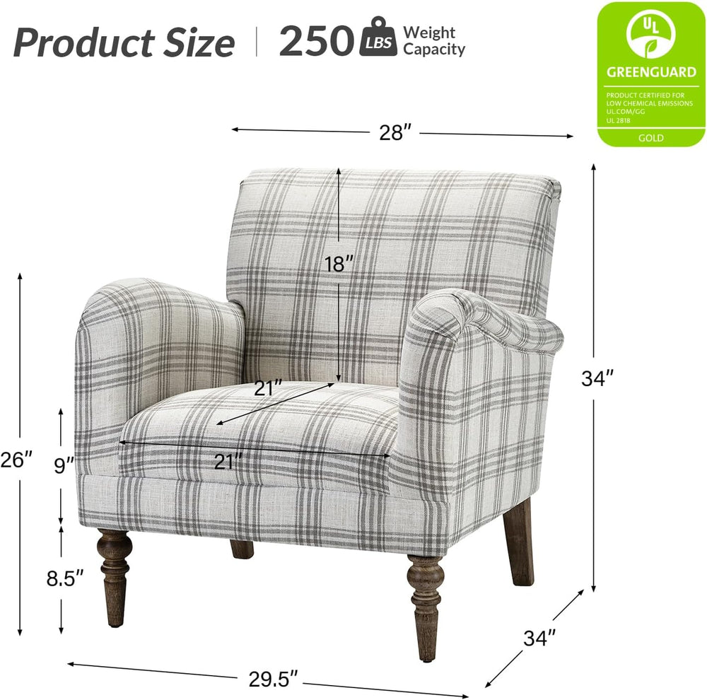 HULALA HOME Farmhouse Accent Chair with Plaid Pattern, Grey