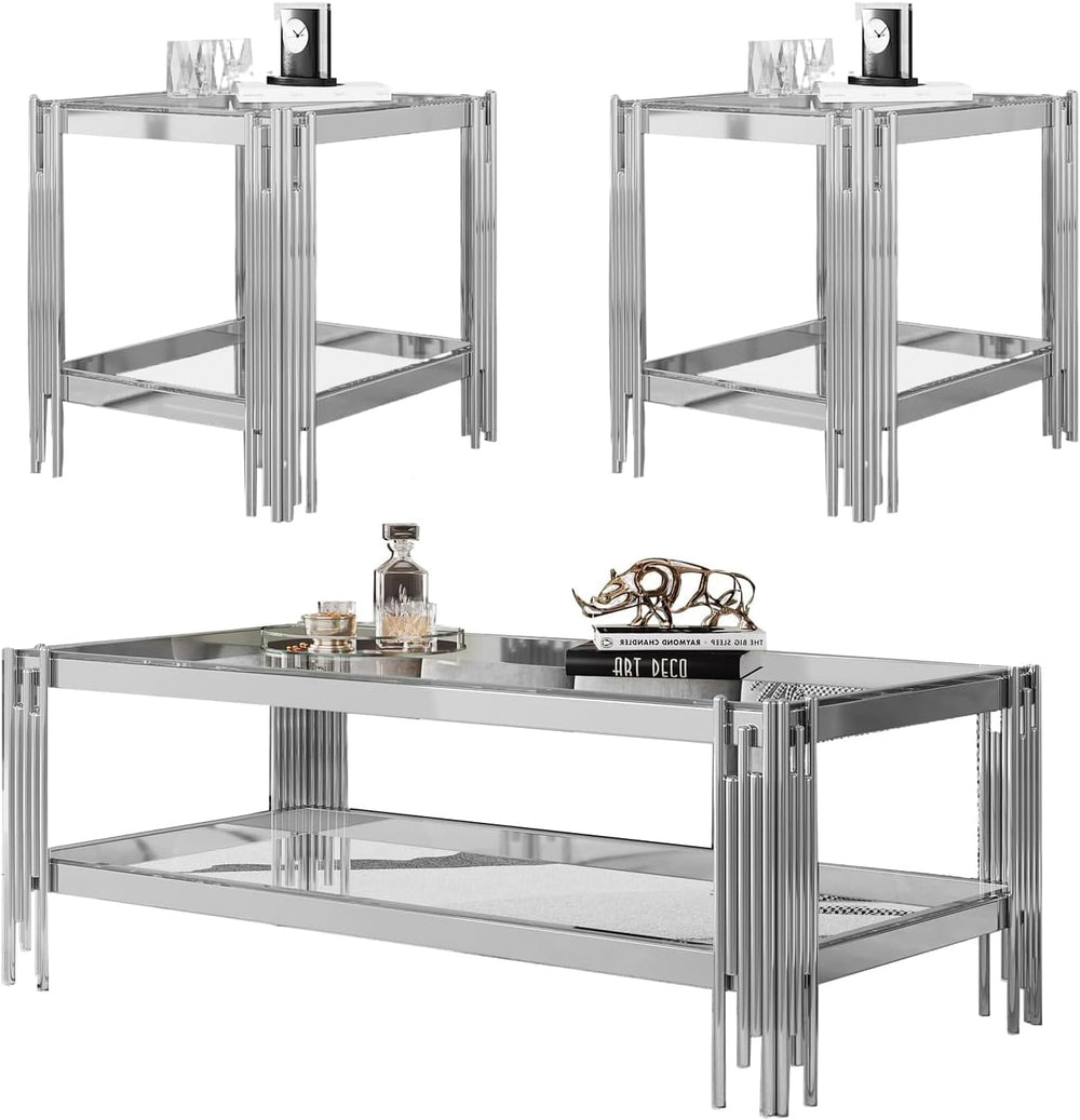 Henf 3-Piece Glass Living Room Table Set, 2-Tier Glass Coffee Table & 2 E...