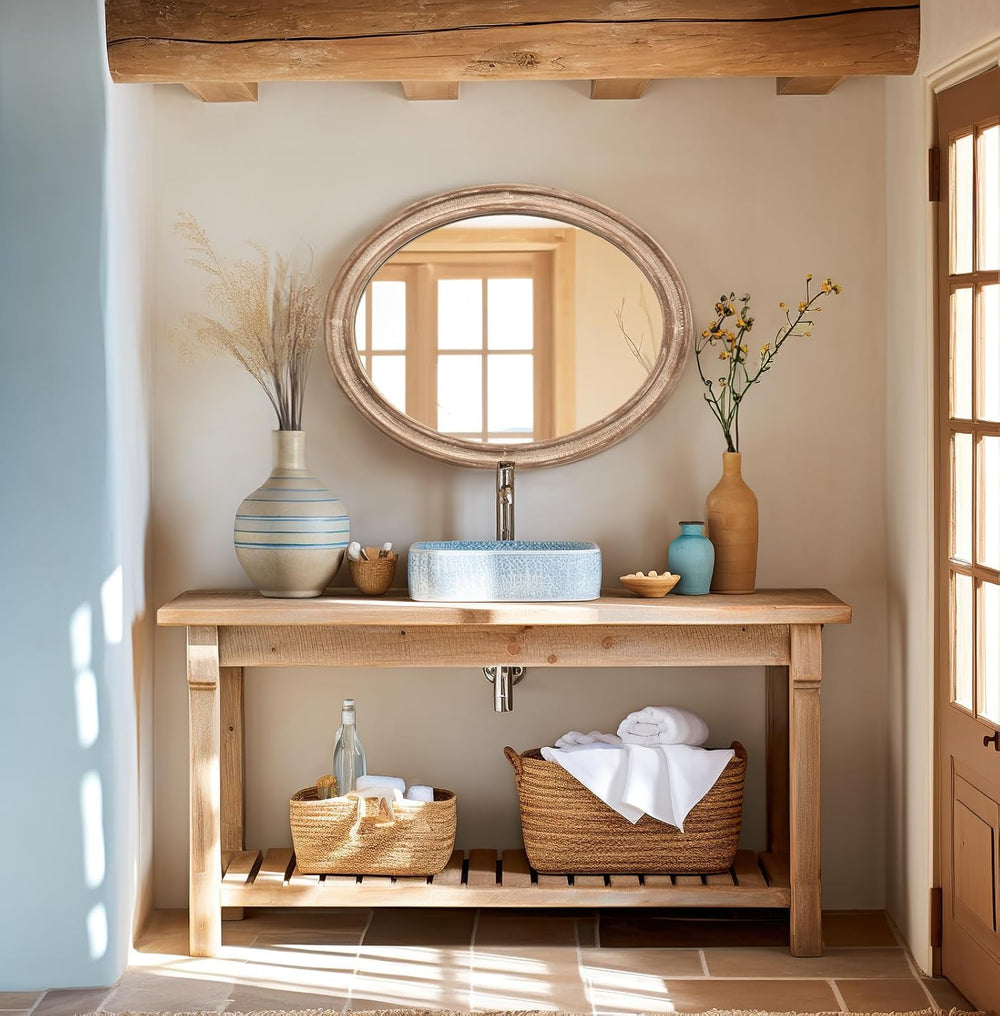 Wood Oval Mirror,24x30"Farmhouse Rustic Decor Bathroom Vanity Wall Mirrors