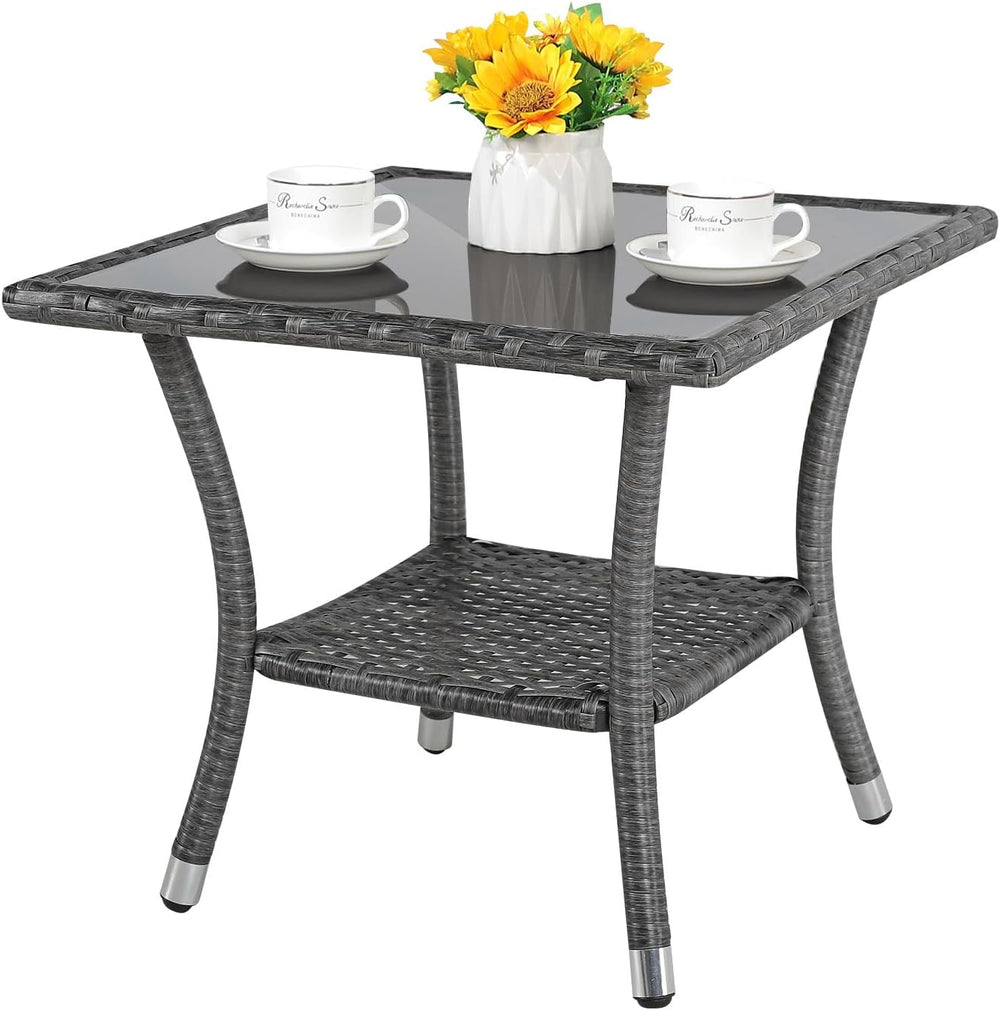 Patiorama Outdoor Wicker Patio Side Table, Rattan Coffee Table, Grey