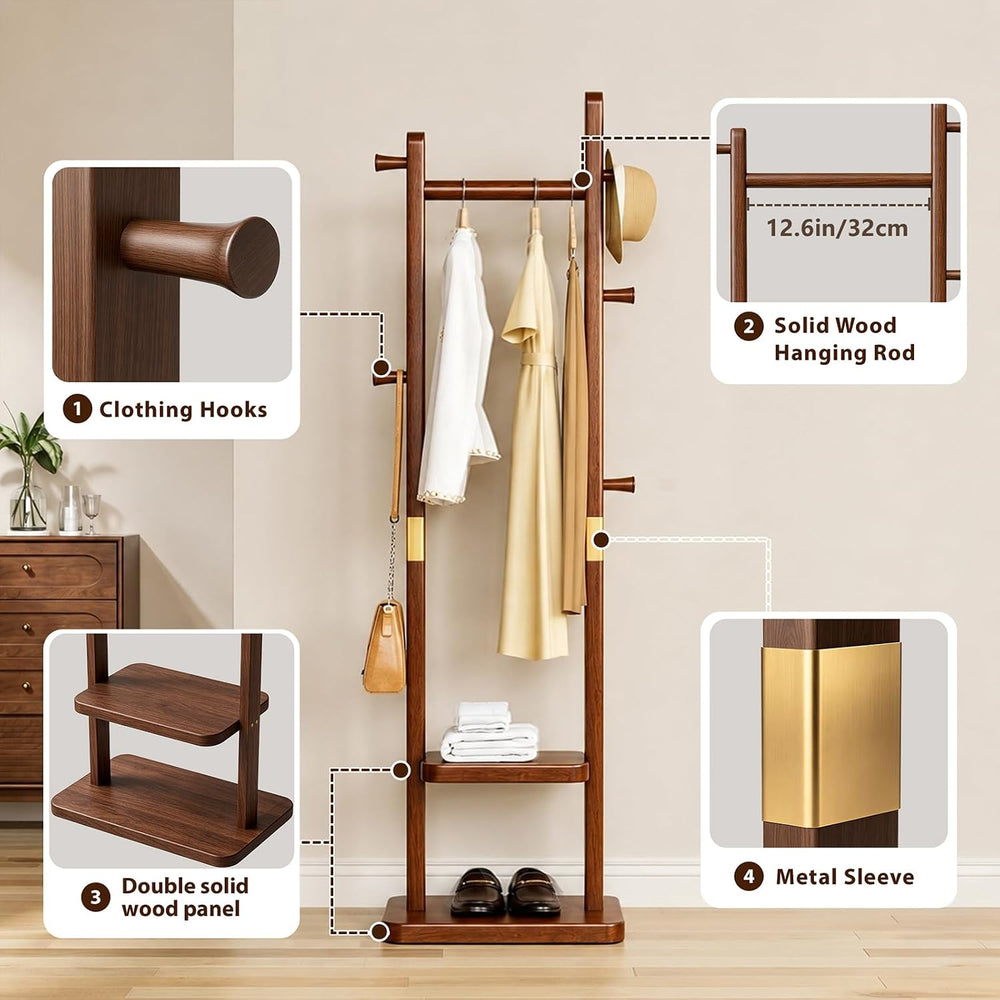 Taitiy Solid Wood Coat Rack Freestanding Clothes Rack 5 Hooks 2 Shelves