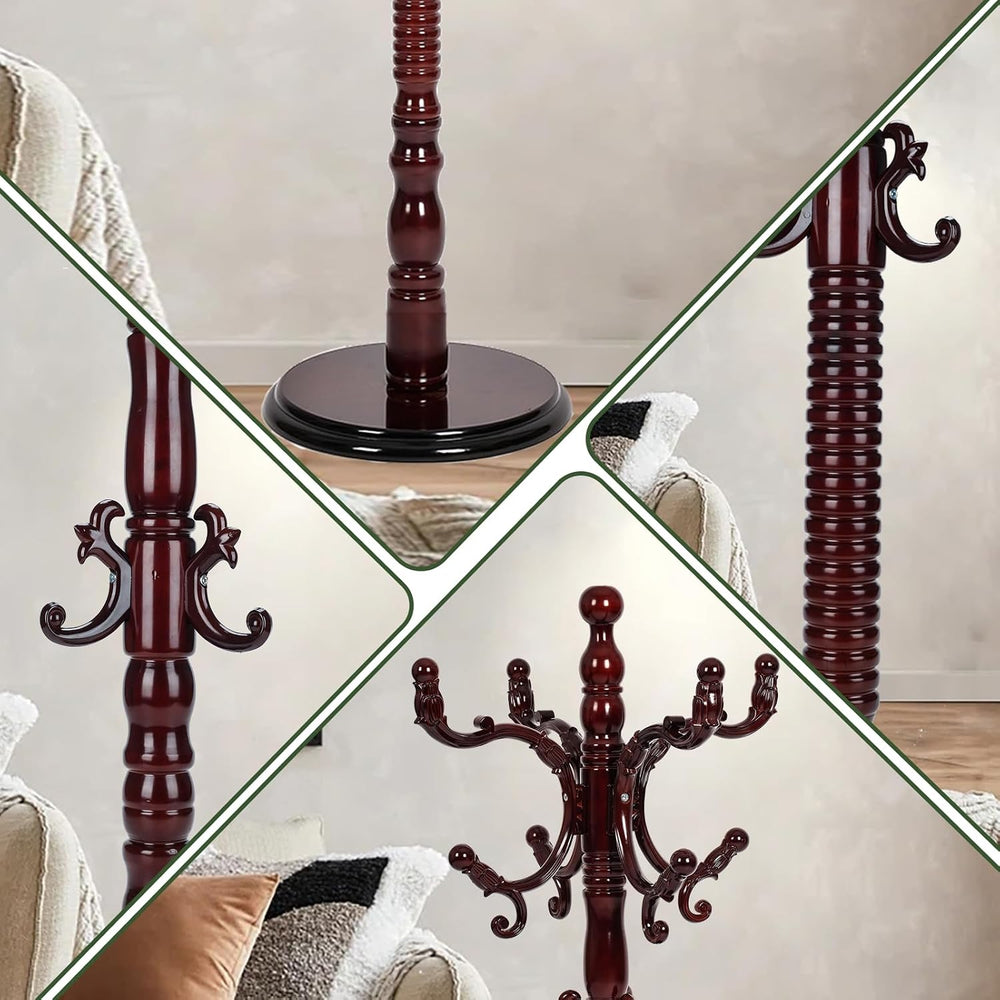 Wooden Coat Rack Freestanding, 14 Hooks, 73" Adjustable Height