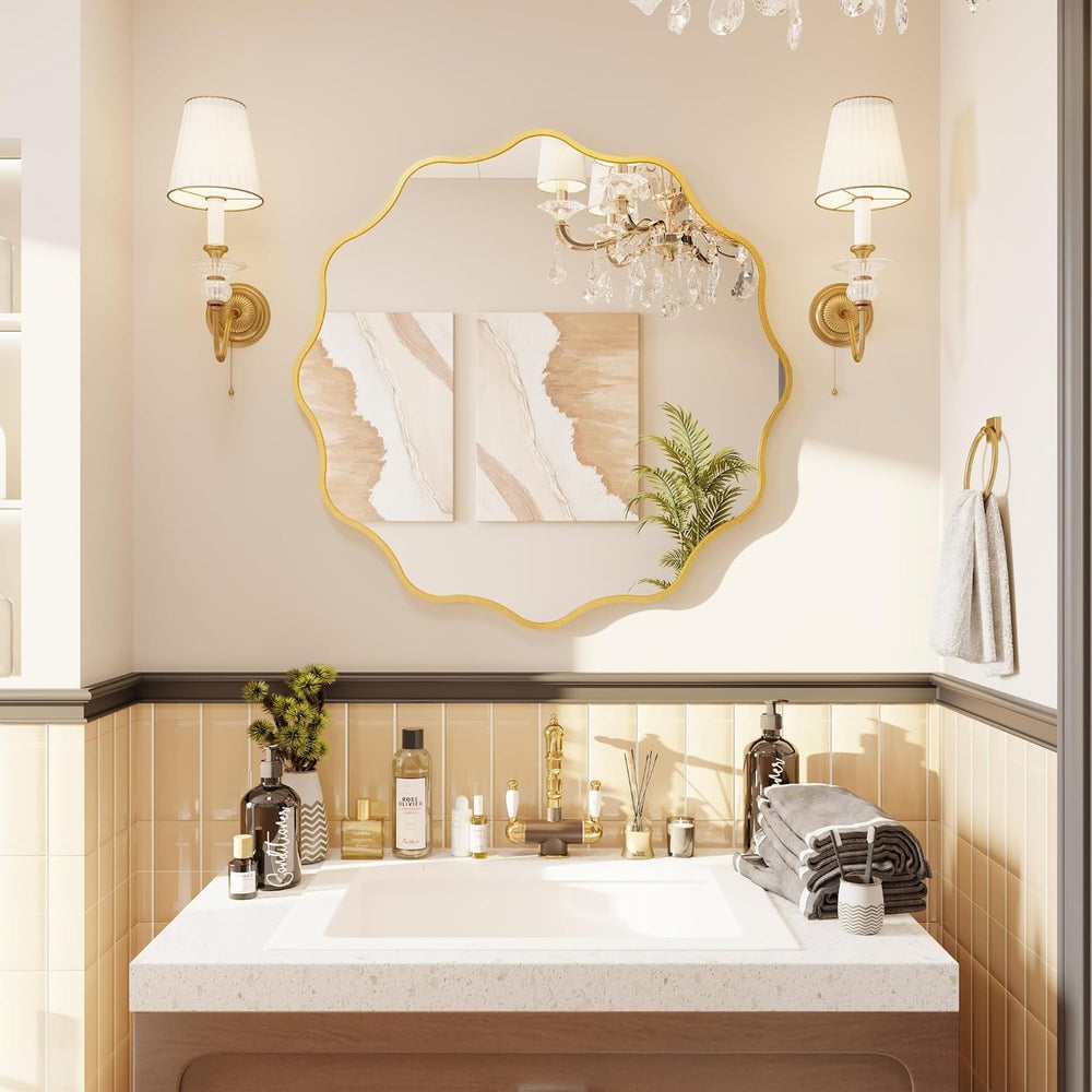 Kelly Miller 28" Gold Round Scalloped Mirror, Wavy Edge Decorative Mirror