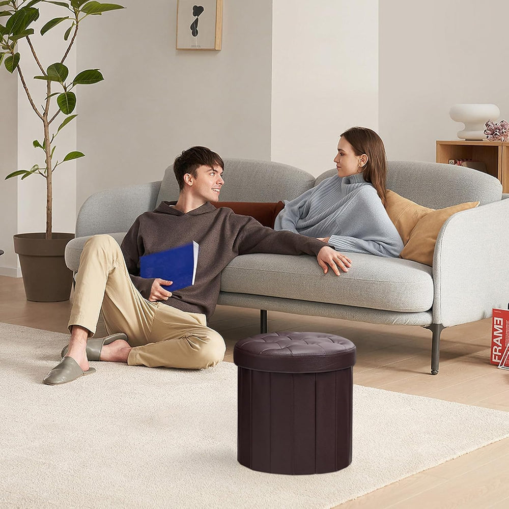 Bsketa Round Storage Ottoman, 14" Folding Leather Foot Rest, Brown 2 Pack
