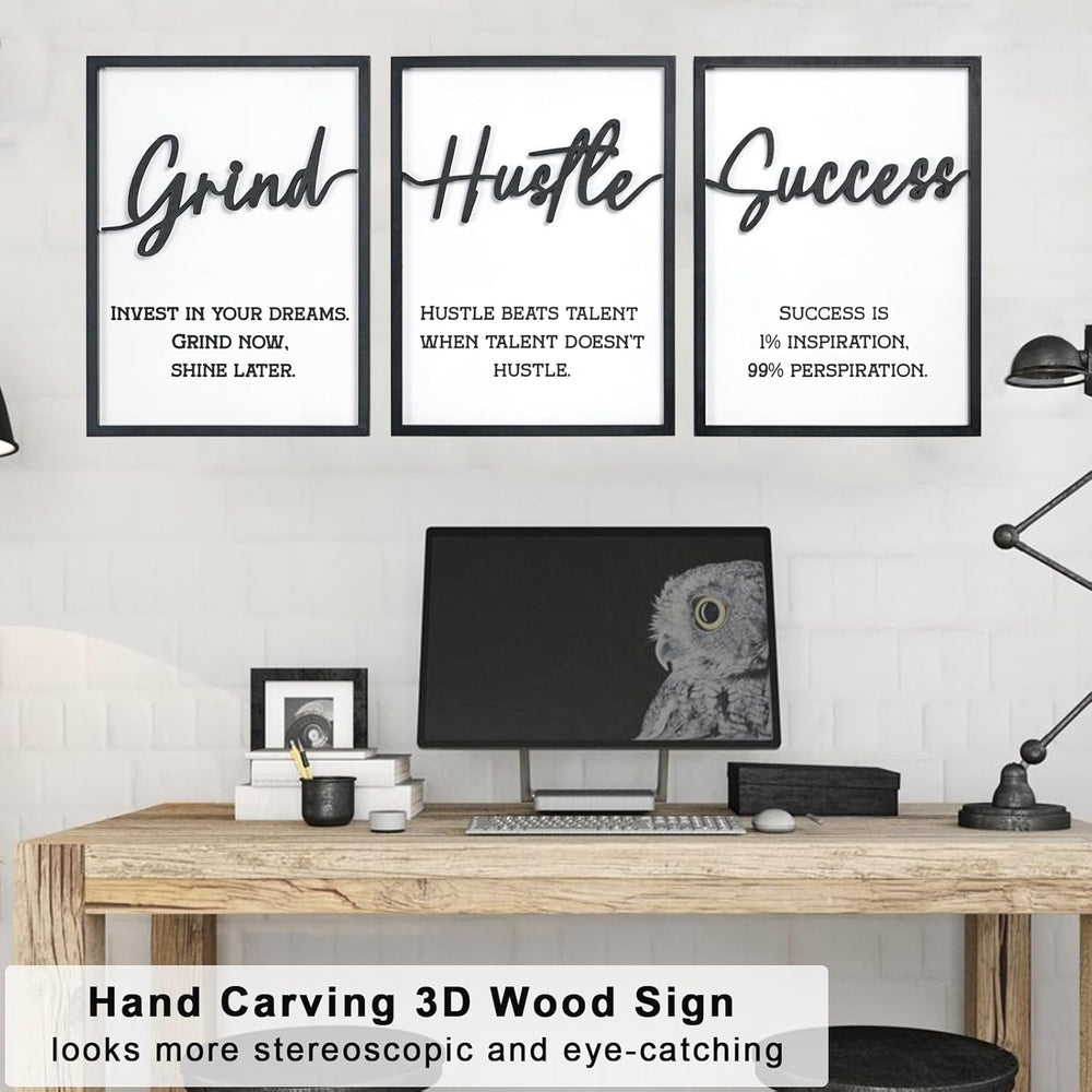 3D Wood Inspirational Office Wall Decor, 36" x 16" Framed Grind Hus...
