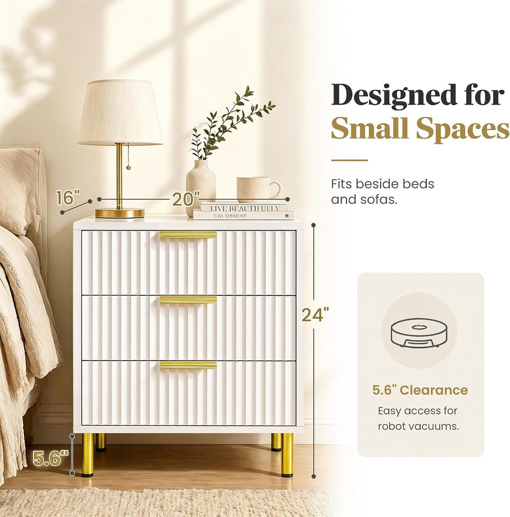 White and Gold 3-Piece Fluted Dresser and Nightstand Set for Bedroom