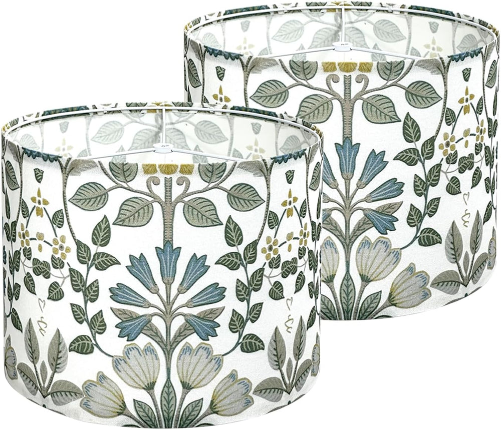 Lamp Shades Set of 2, Blue Floral Drum Shades, 13 x 13 x 10 Inch