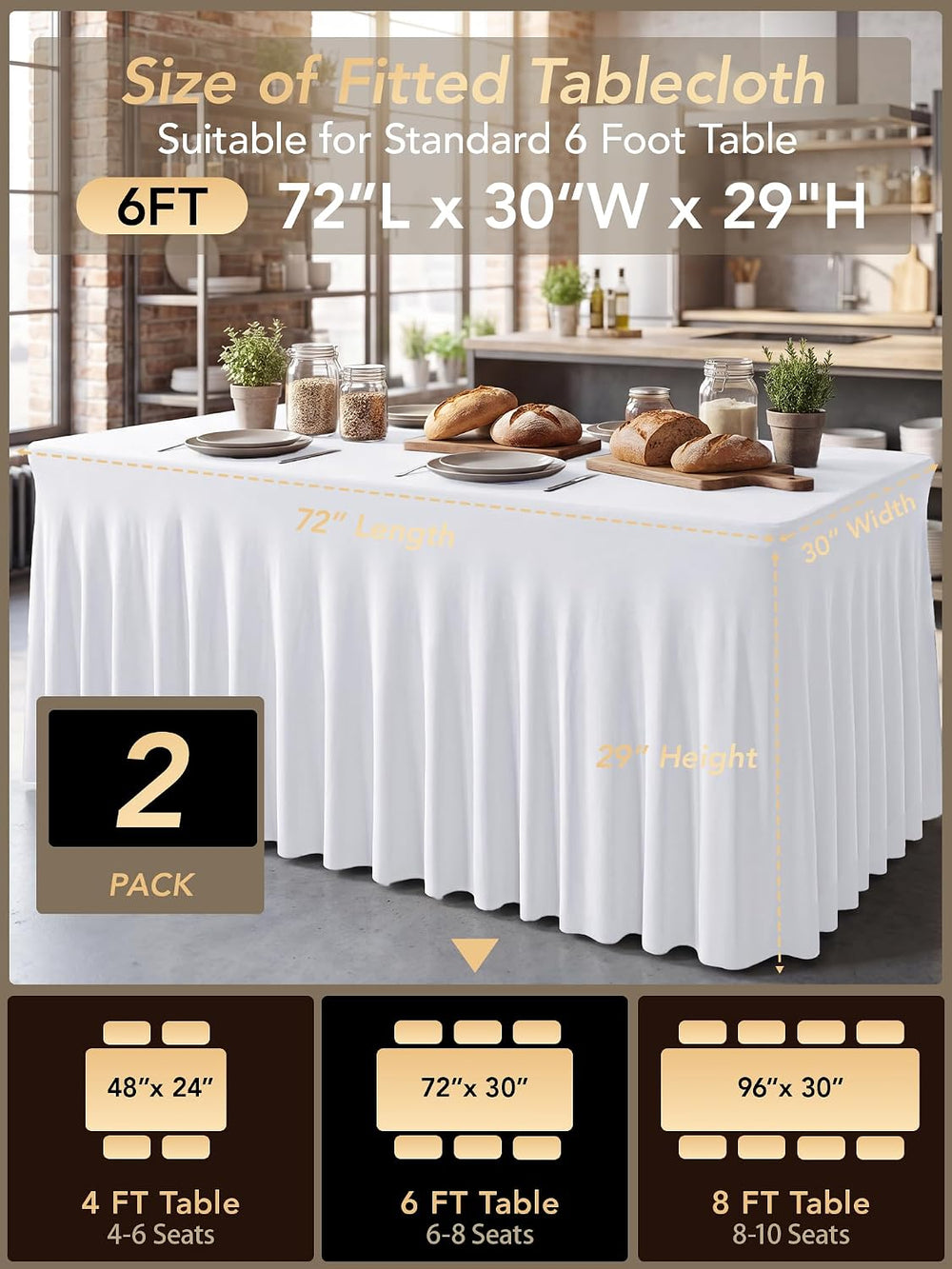 White Spandex Table Cloths for 6 Foot Rectangle Tables 2 Packs