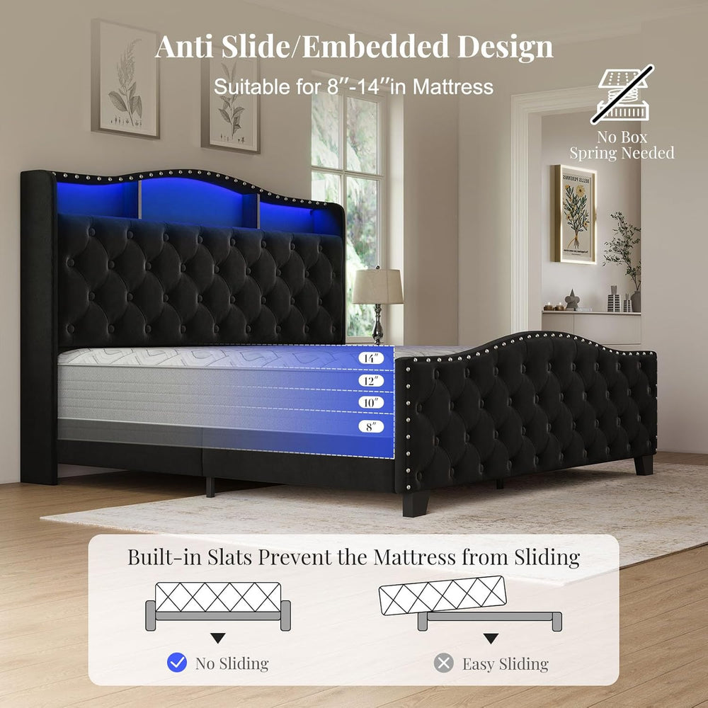 Belffin Platform Bed Frame with 50.9" LED Headboard, Queen Black
